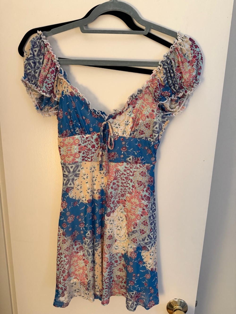 Urban Outfitters Blue Floral Smocked Top with Cream and Pink Accents